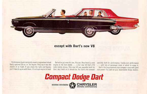 1964 Dodge Dart advertisement with four door Dart and a convertible.