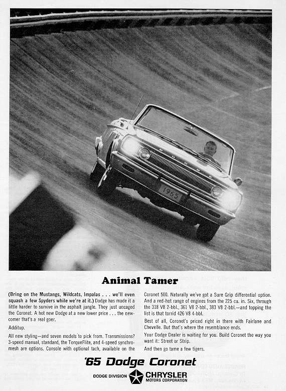 1965 Dodge Coronet advertisement with a Dodge Coronet convertible.