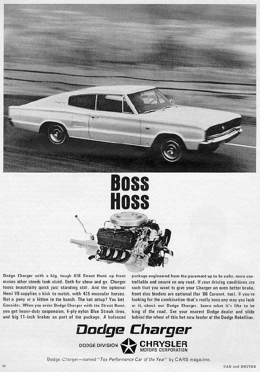 1966 Dodge Charger advertisement with 1966 “Boss Hoss” Hemi Charger.