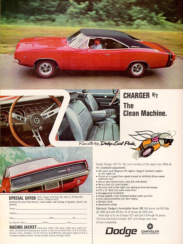 1968 Dodge Charger R/T advertisement features a red 1968 Charger R/T.