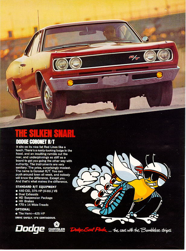 1968 Dodge Coronet R/T advertisement features a red 1968 Coronet R/T.