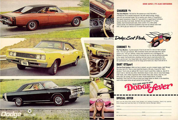 1968 Dodge Scat Pack advertisement features a 1968 Charger R/T, Coronet R/T, and Dart GTS.