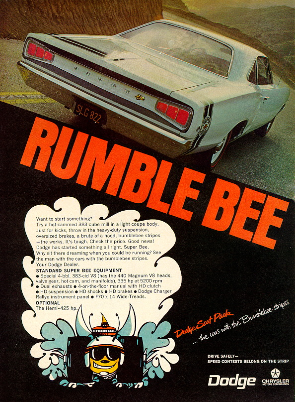 1968 Dodge Super Bee advertisement features a Blue 1968 Dodge Coronet Super Bee.