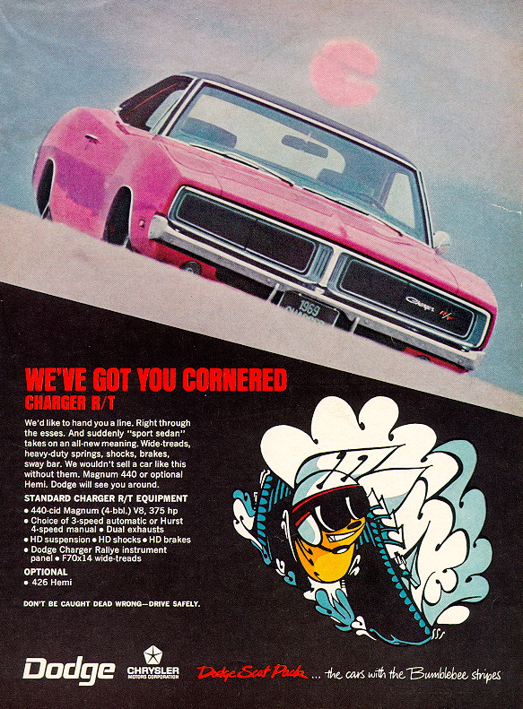 1969 Dodge Charger R/T advertisement features a pink 1969 Charger R/T.