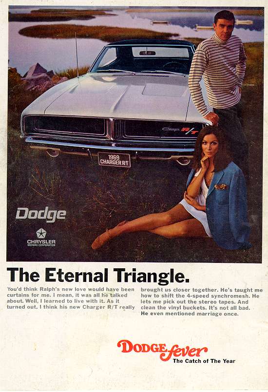 1969 Dodge Charger R/T advertisement features a white R/T hardtop with black vinyl top.
