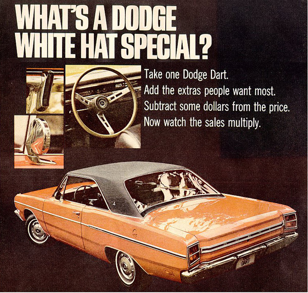 1969 Dodge Dart Custom advertisement features a gold hardtop with a black vinyl top.