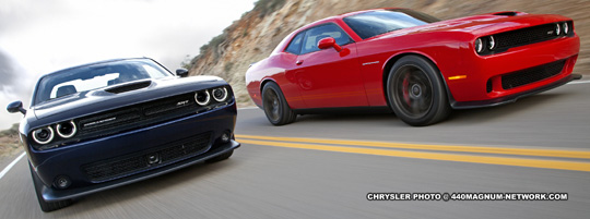 2015 Dodge Challenger SRT (left) and Dodge Challenger SRT Supercharged with HEMI Hellcat engine (right).