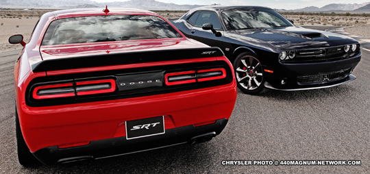 2015 Dodge Challenger SRT Supercharged with HEMI Hellcat engine (left) and Dodge Challenger SRT (right).