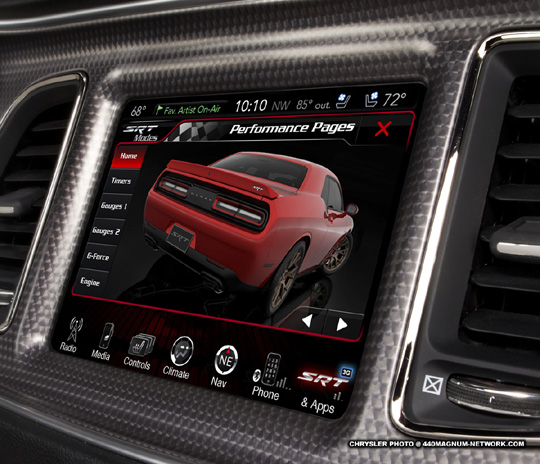 2015 Dodge Challenger SRT with the HEMI Hellcat engine and 8.4-inch U-Connect Performance Pages Home screen.
